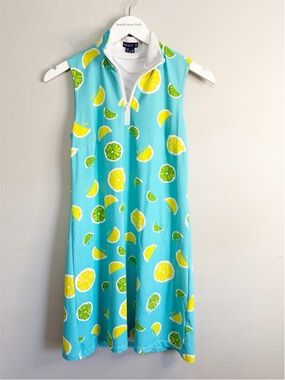 MELLY M Women’s Blue Yellow Green LEMON LIME Print DELRAY Dress Zip Collar XS